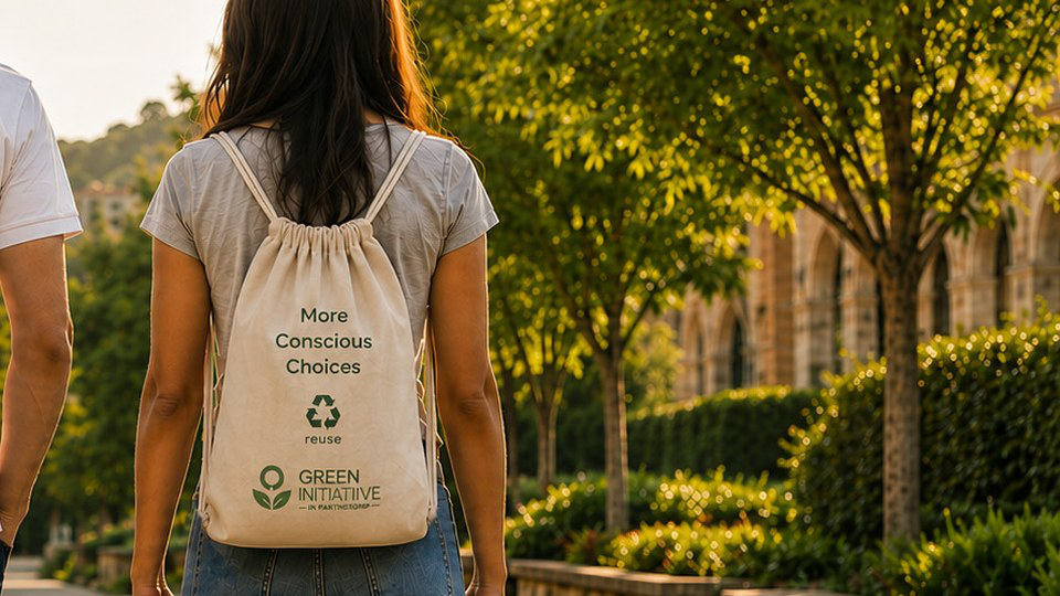 Reusable Green Initiative school bag in daily use